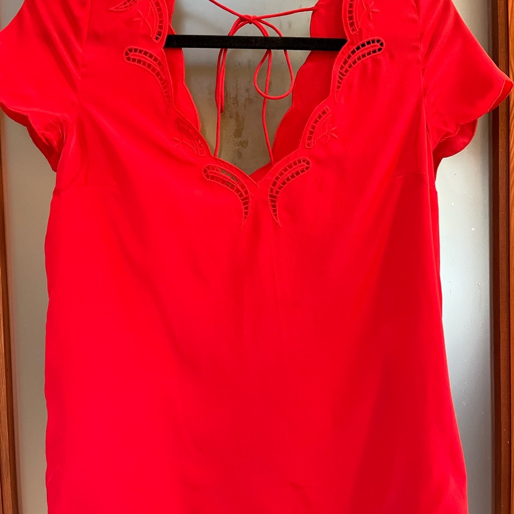 Sezane Bright Red Scalloped Neck Tie-Back Blouse